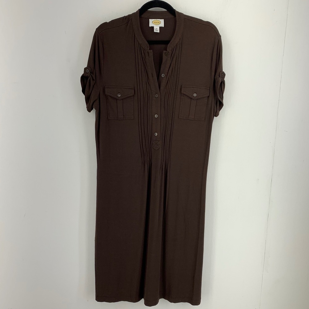 Talbots Womens 12 Earthy Minimalist Henley Pleated Pocket Shift Dress Vtg Safari